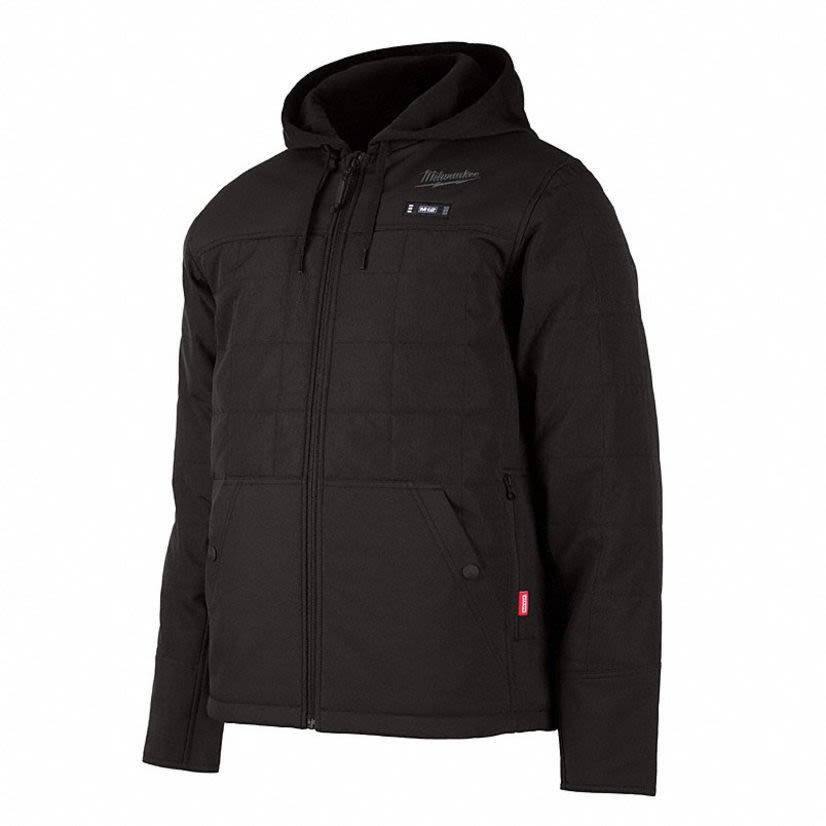 Milwaukee 205B-21L 205 Heated Hooded Jacket, L, Black, Polyester, 42 to 44 in Chest, Resists: Wind/Water
